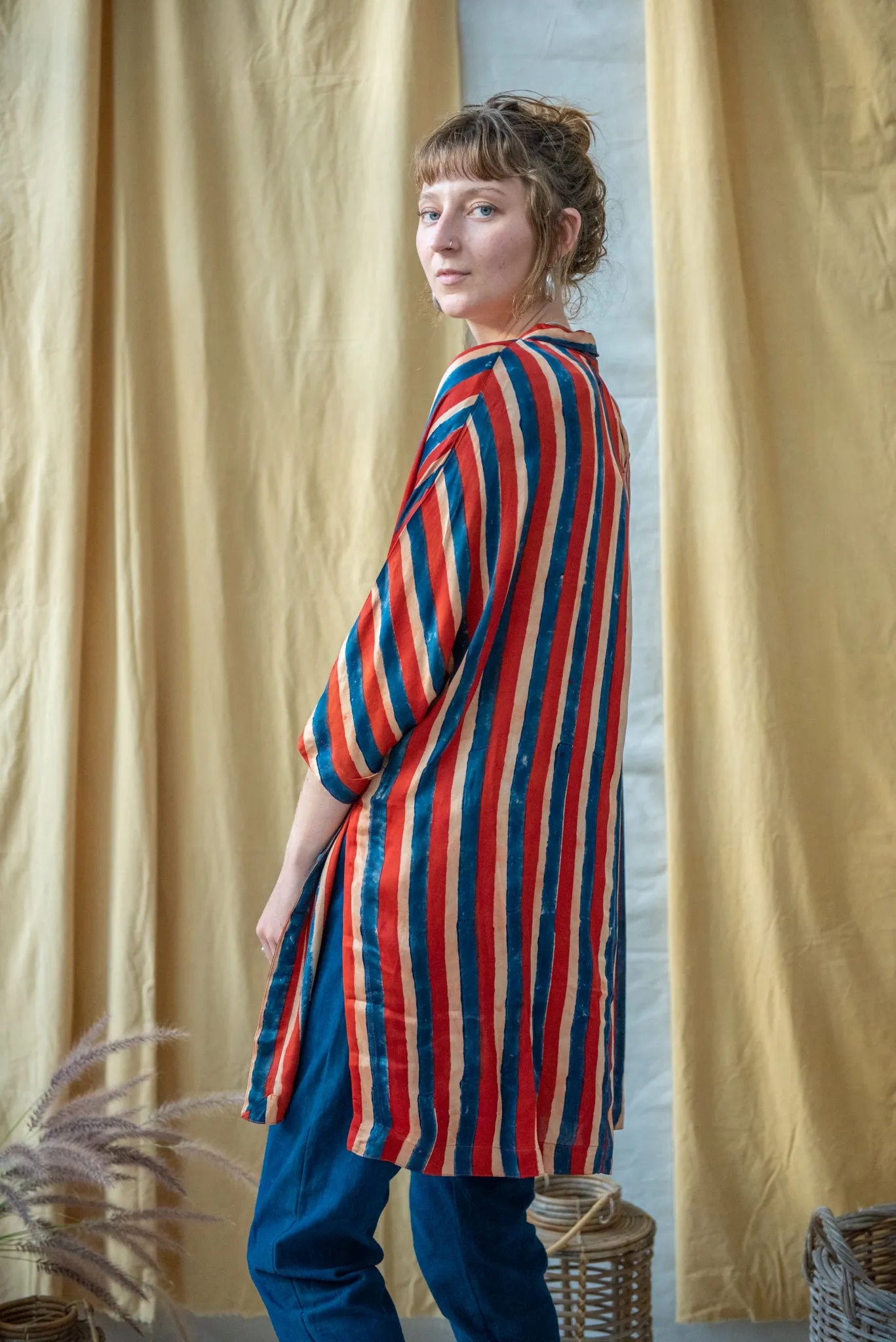 Ajrakh Clamp Dyed Modal Silk Oversized Shirt French Stripe sold by Anjelms product image thumbnail 2