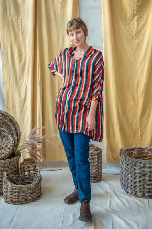 Ajrakh Clamp Dyed Modal Silk Oversized Shirt French Stripe sold by Anjelms