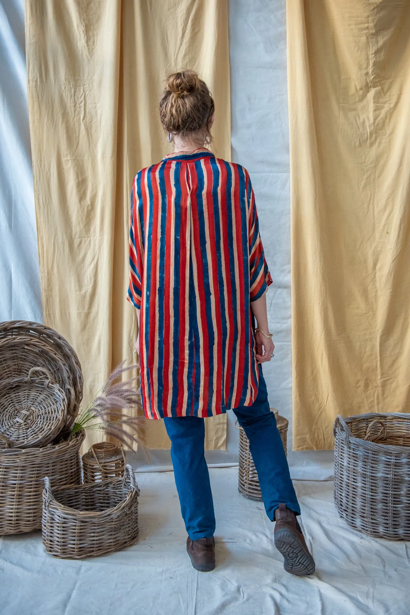 Ajrakh Clamp Dyed Modal Silk Oversized Shirt French Stripe sold by Anjelms product image thumbnail 3