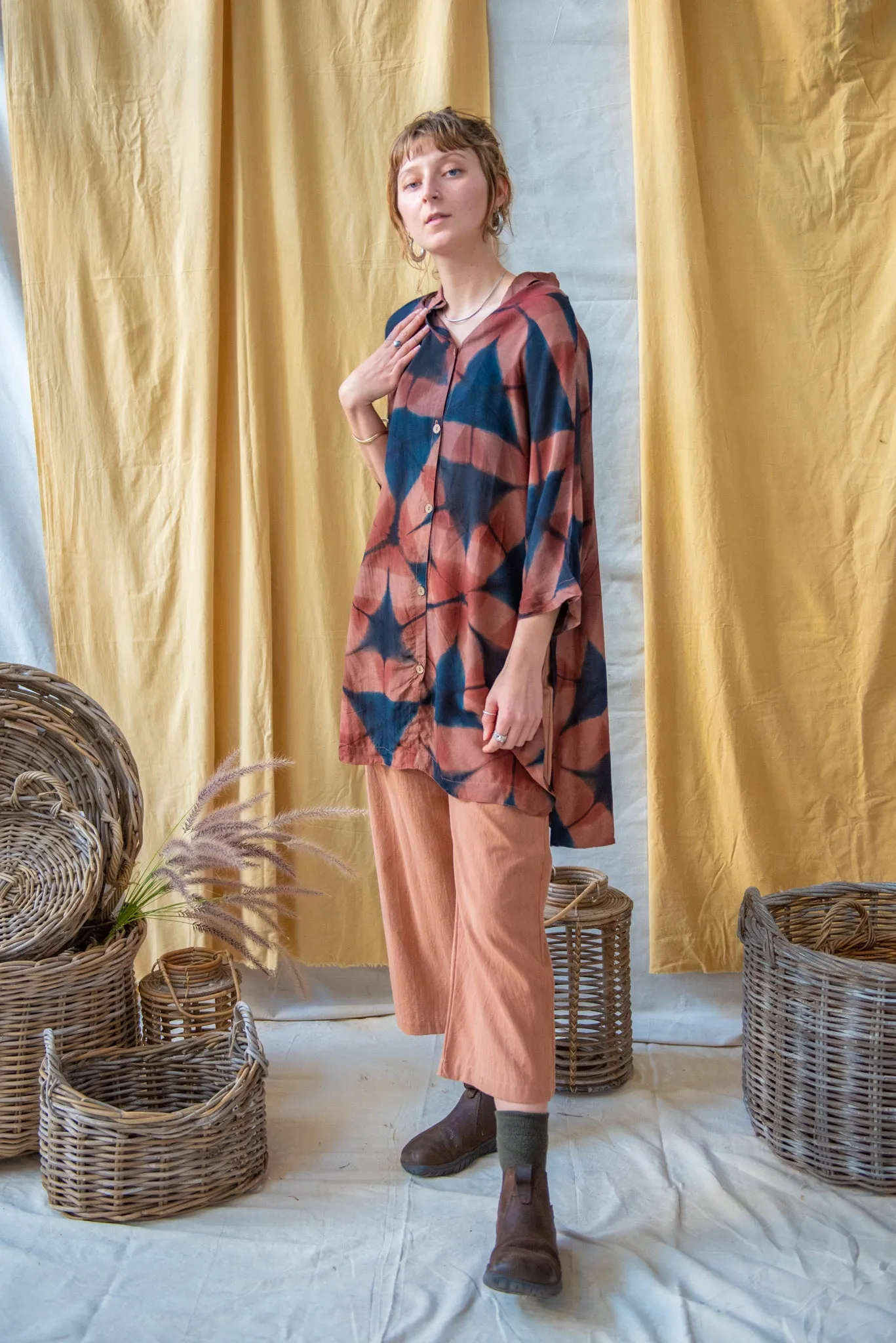 Ajrakh Clamp Dyed Modal Silk Oversized Shirt Blush Geometric sold by Anjelms