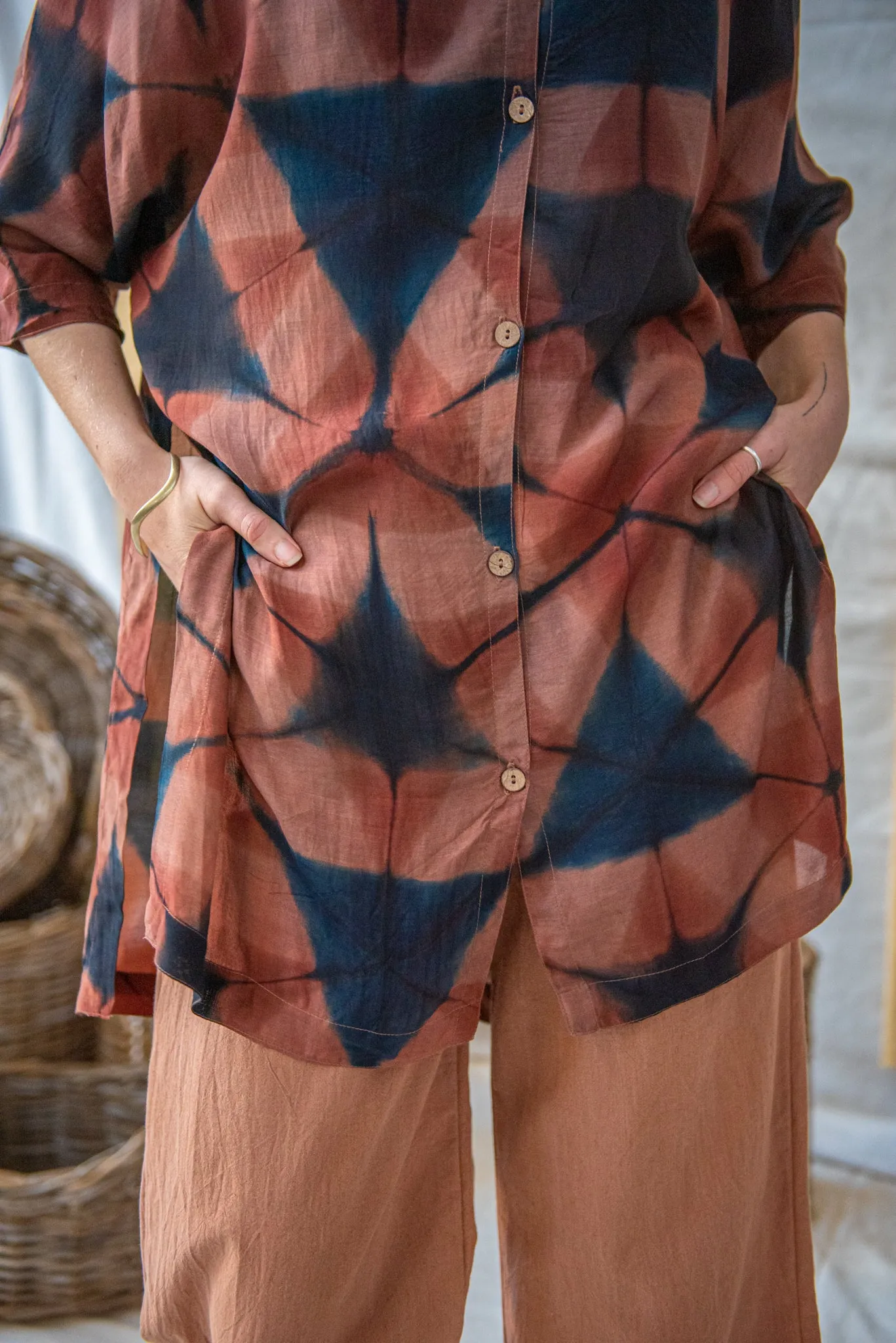 Ajrakh Clamp Dyed Modal Silk Oversized Shirt Blush Geometric sold by Anjelms product image thumbnail 4