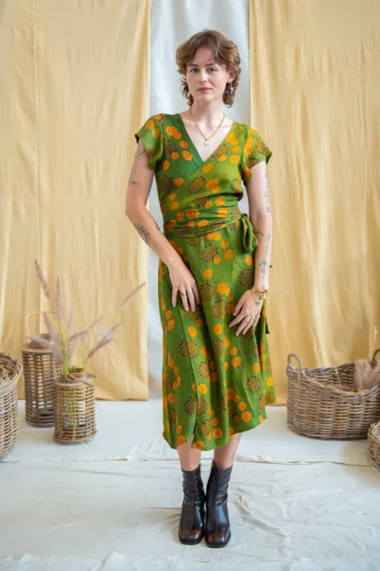 Wrap Tie Dress- Silk Modal - Green/Yellow sold by Anjelms