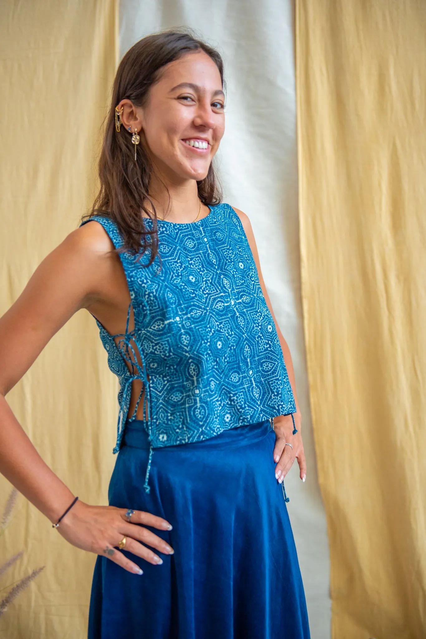 Tank Tie Top Ajrakh Indigo Tile Print sold by Anjelms