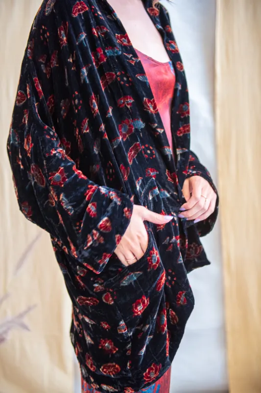 Silk Velvet Kimono Jacket - Black Red Lotus sold by Anjelms