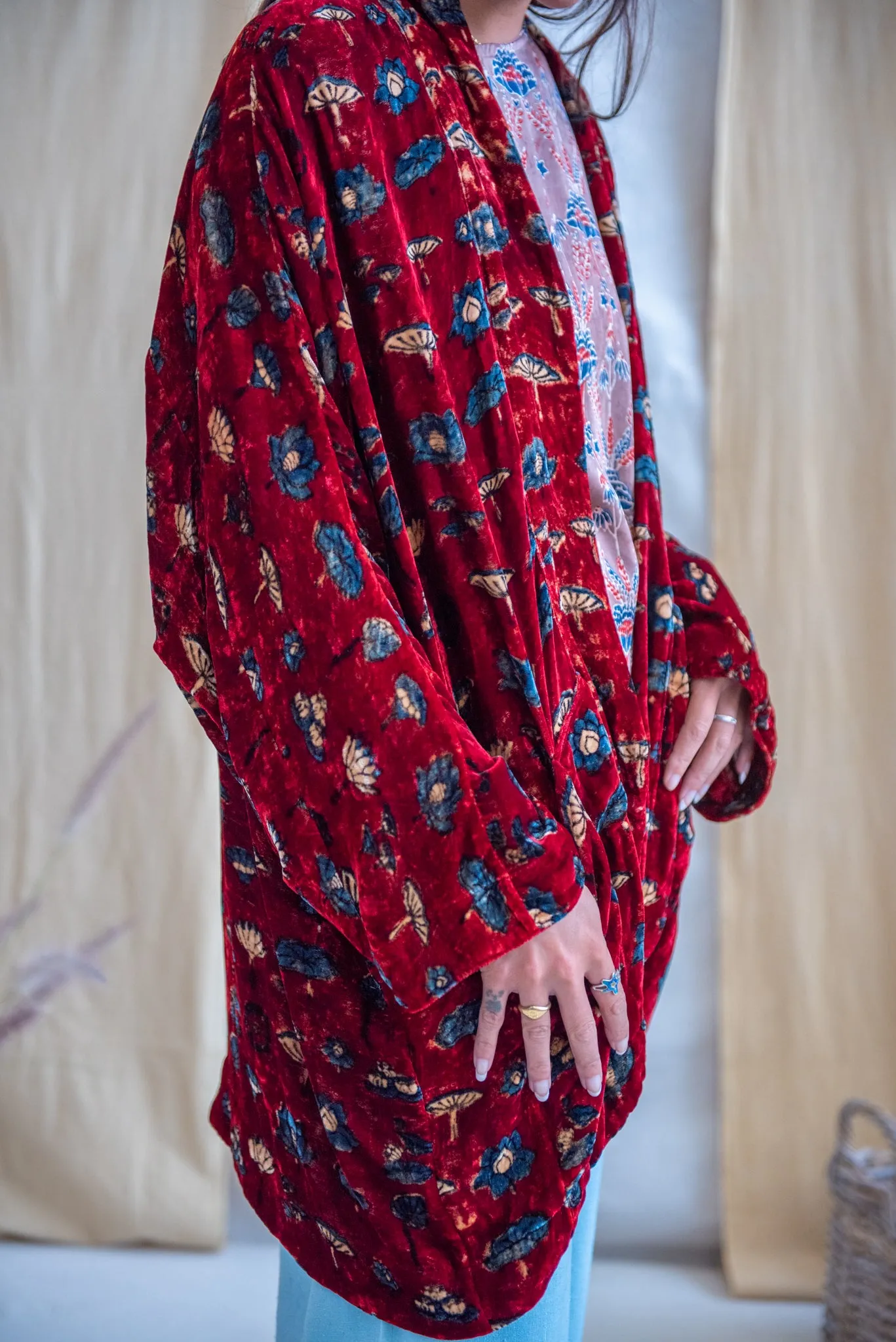 Silk Velvet Kimono Jacket - Red Floral sold by Anjelms