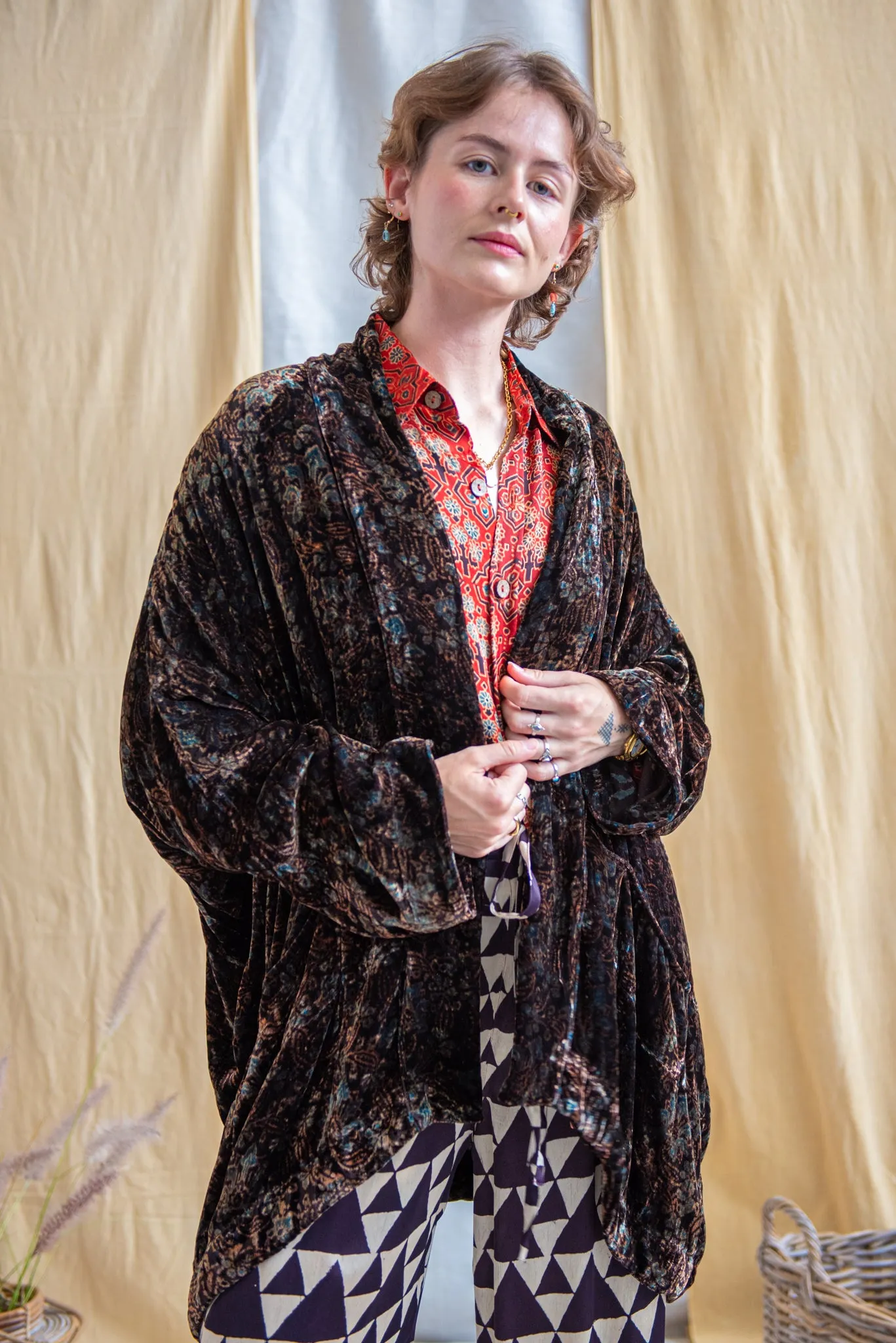 Silk Velvet Kimono Jacket - Charcoal Indigo sold by Anjelms