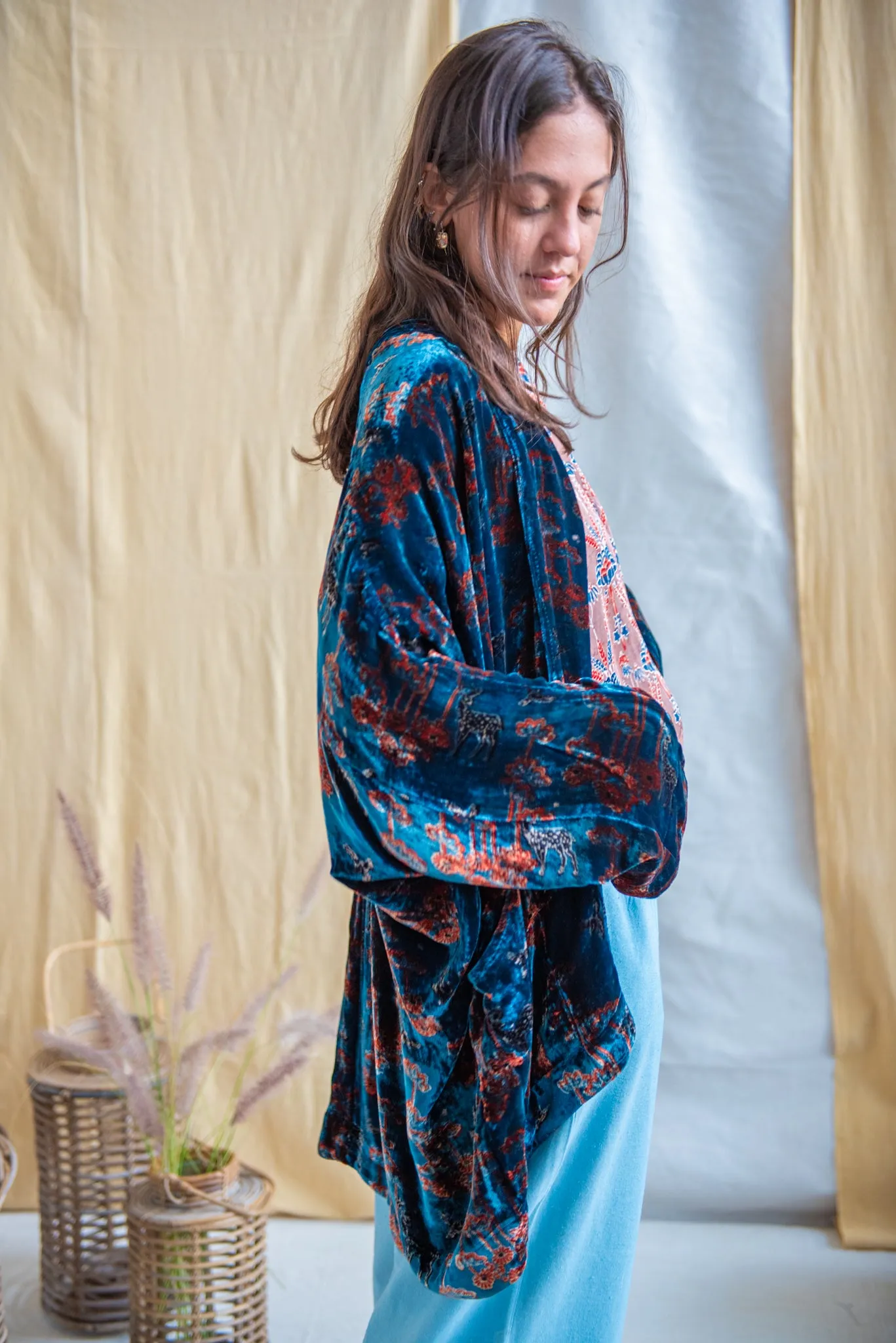 Silk Velvet Kimono Jacket - Indigo/Madder/Floral sold by Anjelms