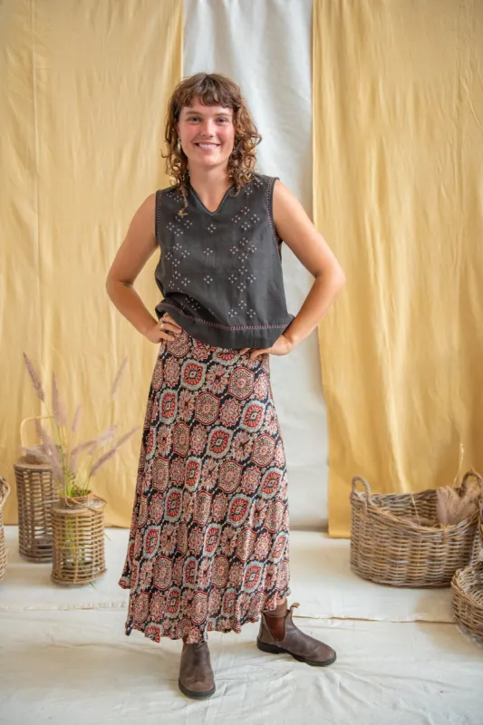 Silk Ajrakh Midi Skirt - Iron/Indigo/Madder sold by Anjelms