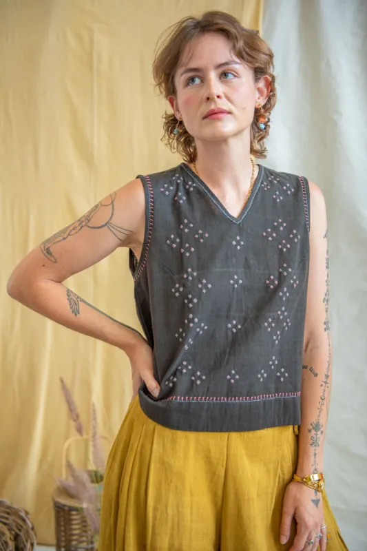 Embroidered Iron Black Cotton Tank Blouse sold by Anjelms