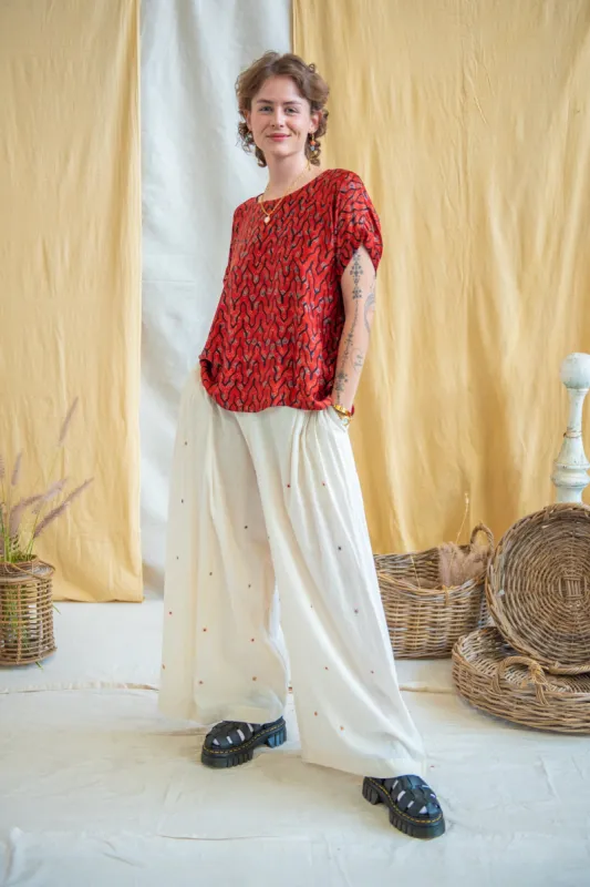 Mirror Embroidered Natural Wide Leg Pants sold by Anjelms