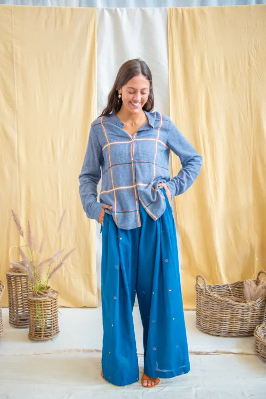 Mirror Embroidered Indigo Wide Leg Pants sold by Anjelms
