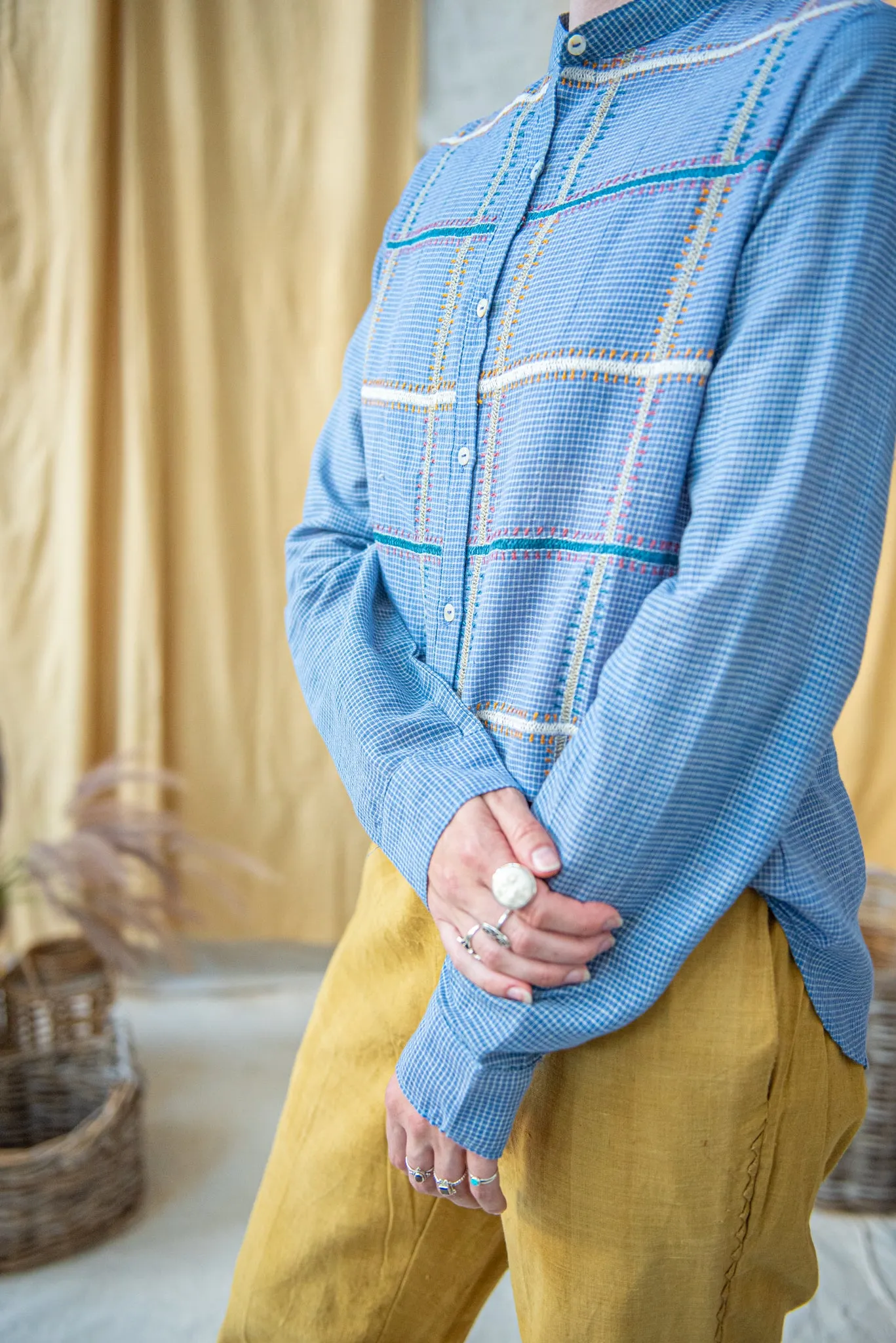 Hand Embroidered Medium Check Shirt – Blue sold by Anjelms product image thumbnail 3