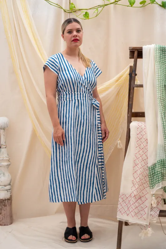 Wrap Tie Dress | Indigo Stripe sold by Anjelms