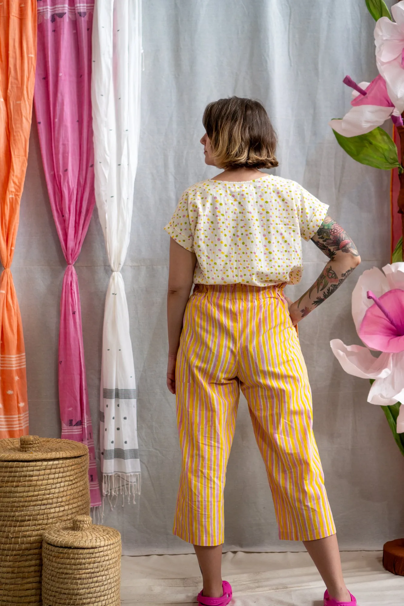 ¾ Button Pants – Pink & Yellow Candy Stripe Print sold by Anjelms product image thumbnail 3