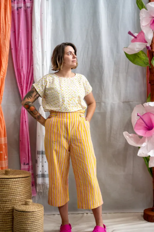 ¾ Button Pants – Pink & Yellow Candy Stripe Print sold by Anjelms