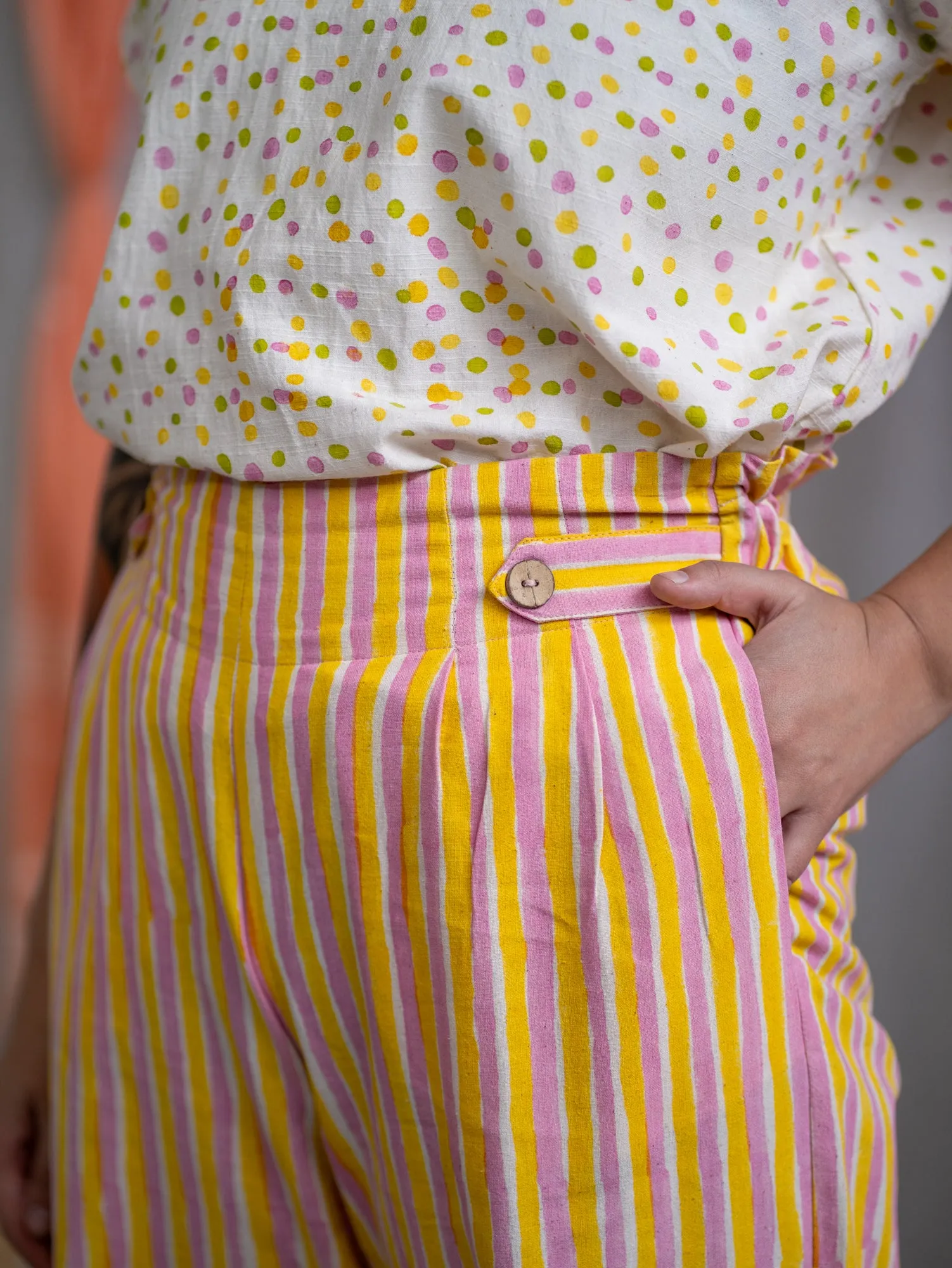 ¾ Button Pants – Pink & Yellow Candy Stripe Print sold by Anjelms product image thumbnail 5