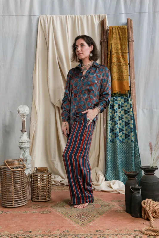 Unisex long sleeve shirt Ajrakh silk modal indigo/madder sold by Anjelms