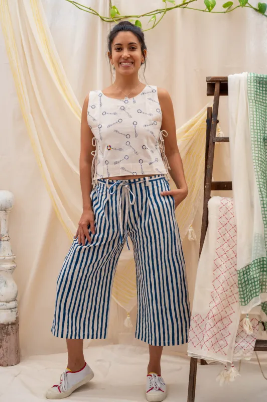 ¾ Tie Pants | Indigo Stripe sold by Anjelms