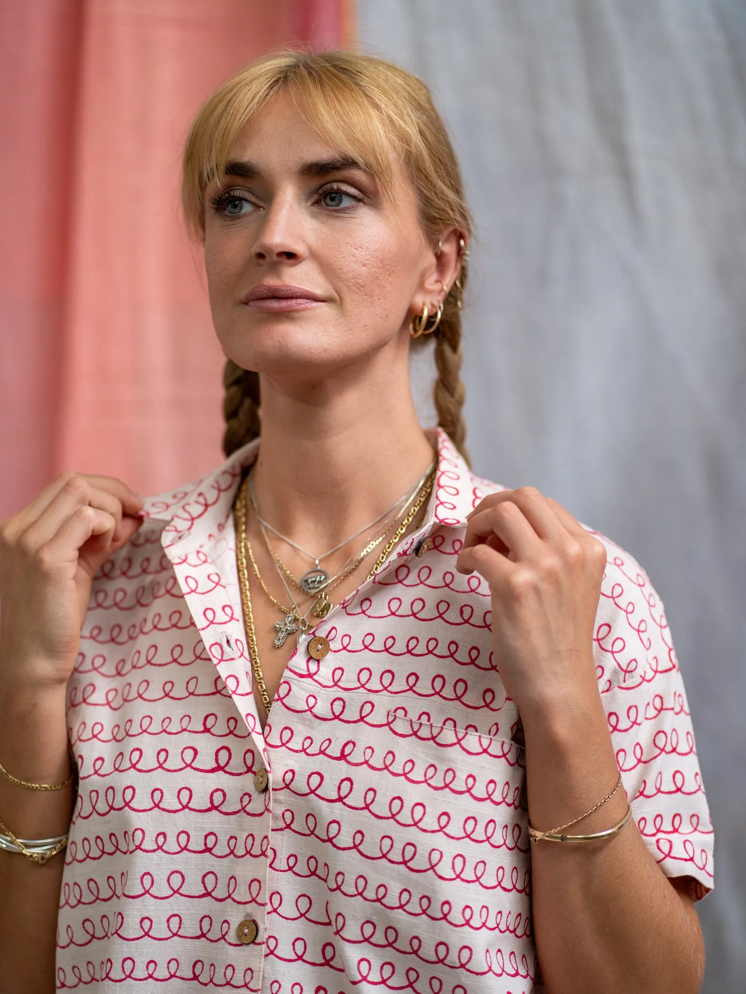 Unisex Button Up Shirt – Pink Twirl Print sold by Anjelms product image thumbnail 4