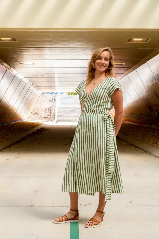 Wrap Tie Dress Midi - Green Stripe Print sold by Anjelms