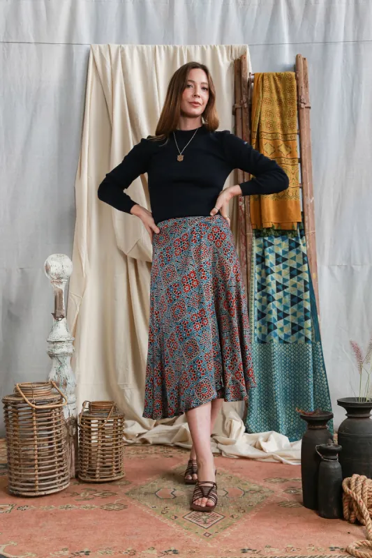 midi skirt Ajrakh silk modal indigo/madder sold by Anjelms