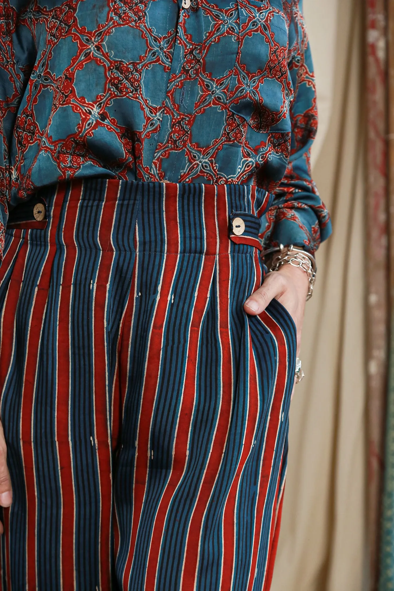 High Waisted Bottom Pants Ajrakh Silk Modal Stripe sold by Anjelms product image thumbnail 4