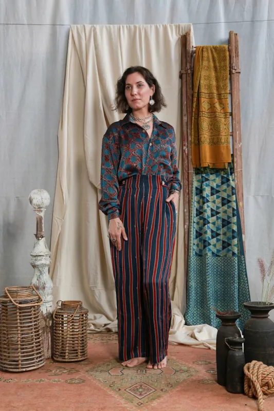 High Waisted Bottom Pants Ajrakh Silk Modal Stripe sold by Anjelms