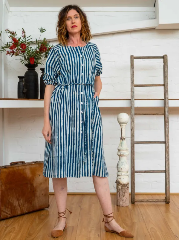Long Button Tie Dress - Indigo Stripes sold by Anjelms