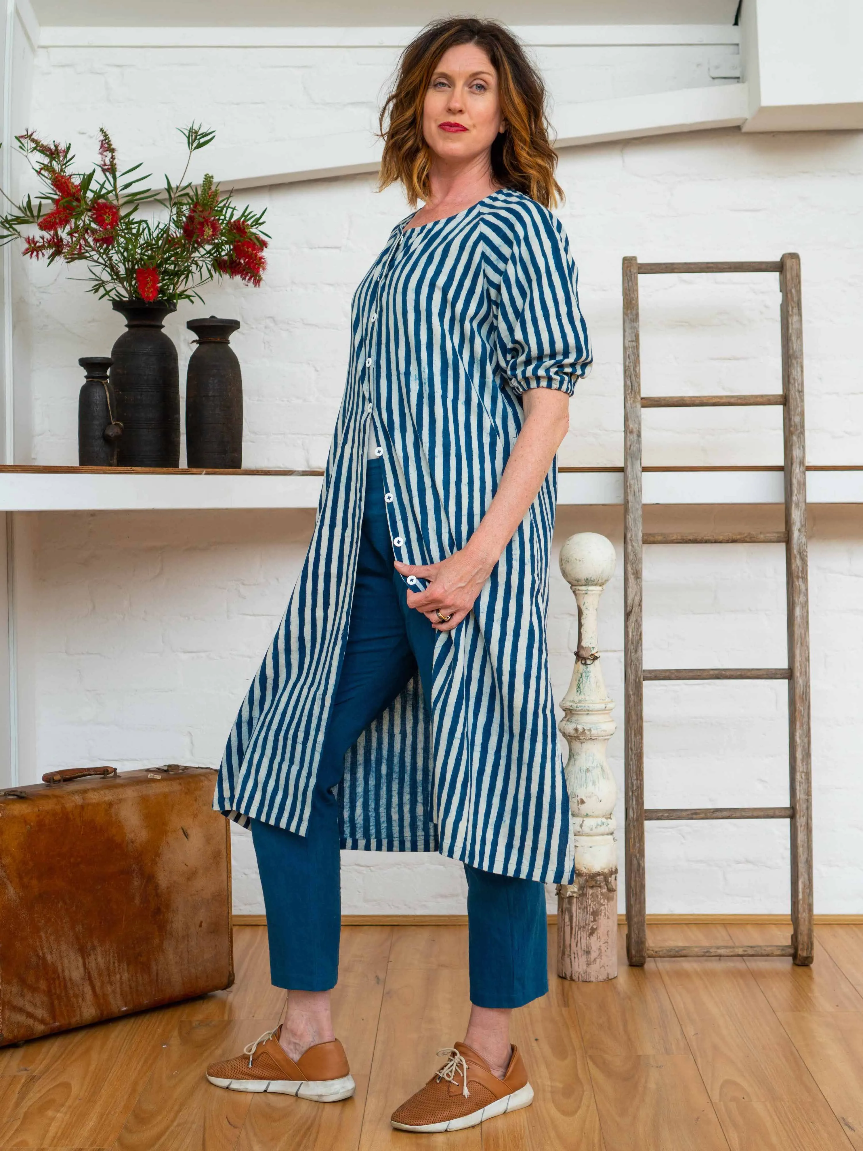 Long Button Tie Dress - Indigo Stripes sold by Anjelms product image thumbnail 4