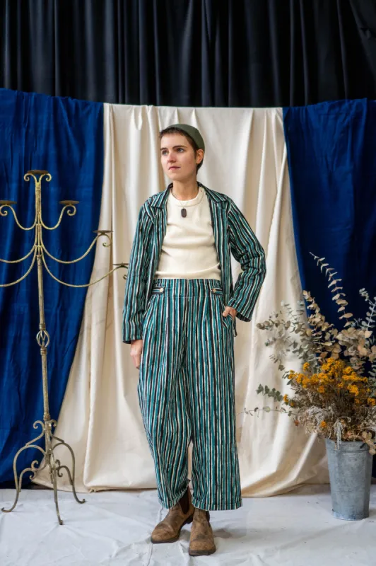 Button Pants Full Length - Teal and Black Stripe Print sold by Anjelms