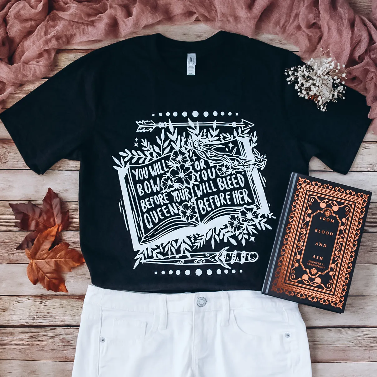 Blood and Ash Inspired: Bow Before Your Queen Tee sold by The Bookish Box