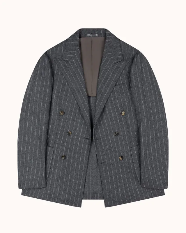 Double Breasted Sport Jacket - Grey Chalk Stripe Woollen Flannel sold by Natalino