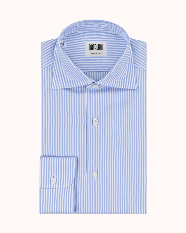 Spread Collar Shirt - Blue Stripe Cotton Poplin sold by Natalino