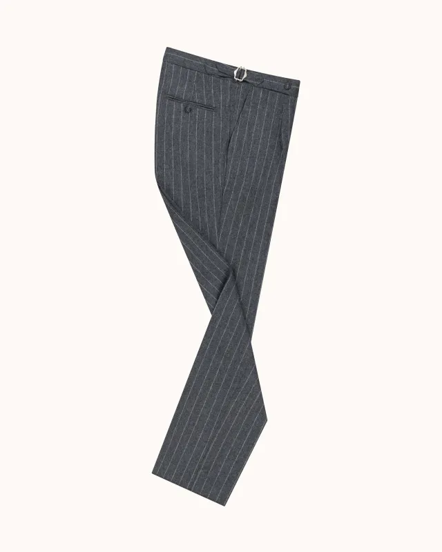 Single Pleat Trouser - Grey Chalk Stripe Woollen Flannel sold by Natalino
