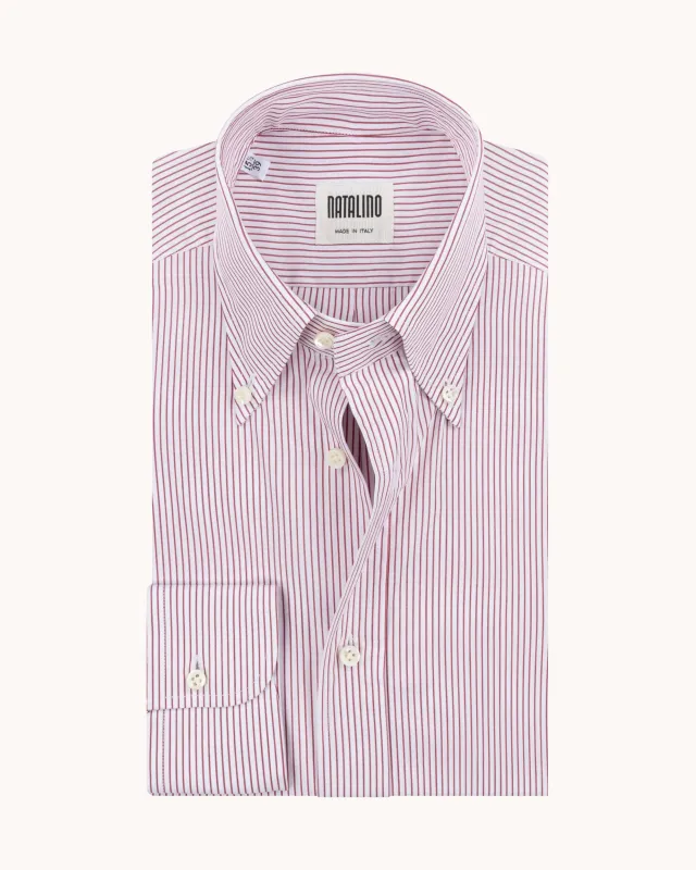 Button Down Collar Shirt - Burgundy Stripe Cotton Poplin sold by Natalino