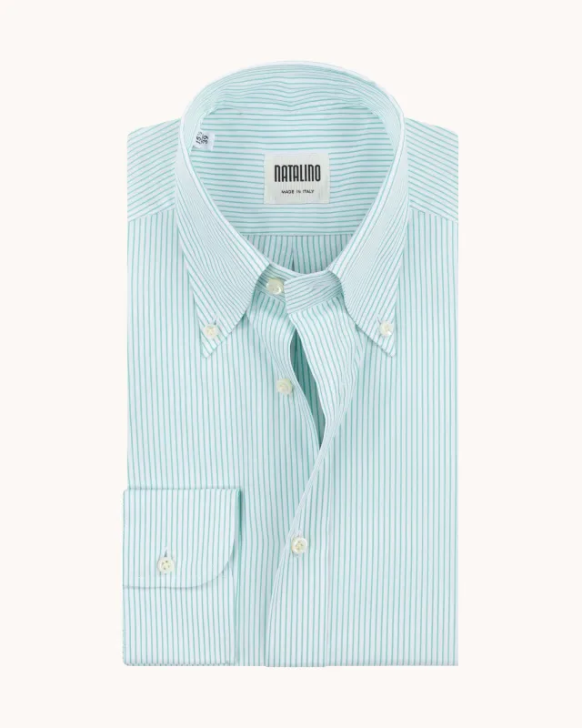 Button Down Collar Shirt - Green Stripe Cotton Poplin sold by Natalino