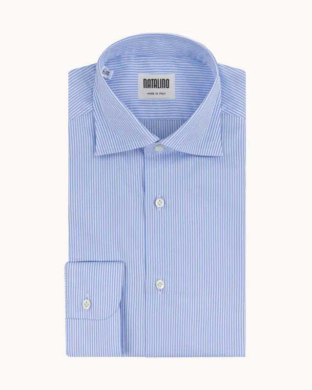 Spread Collar Shirt - Blue Stripe Cotton Poplin sold by Natalino