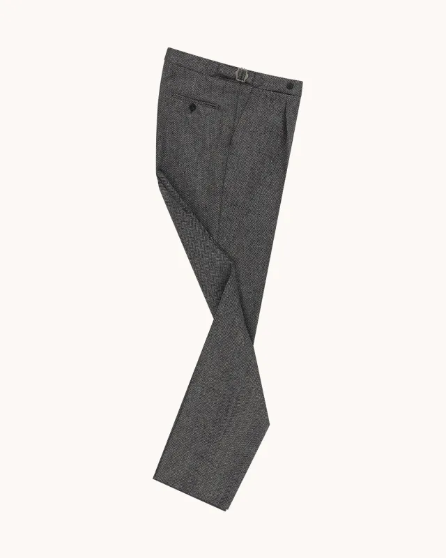 Single Pleat Trouser - Grey Herringbone Wool sold by Natalino