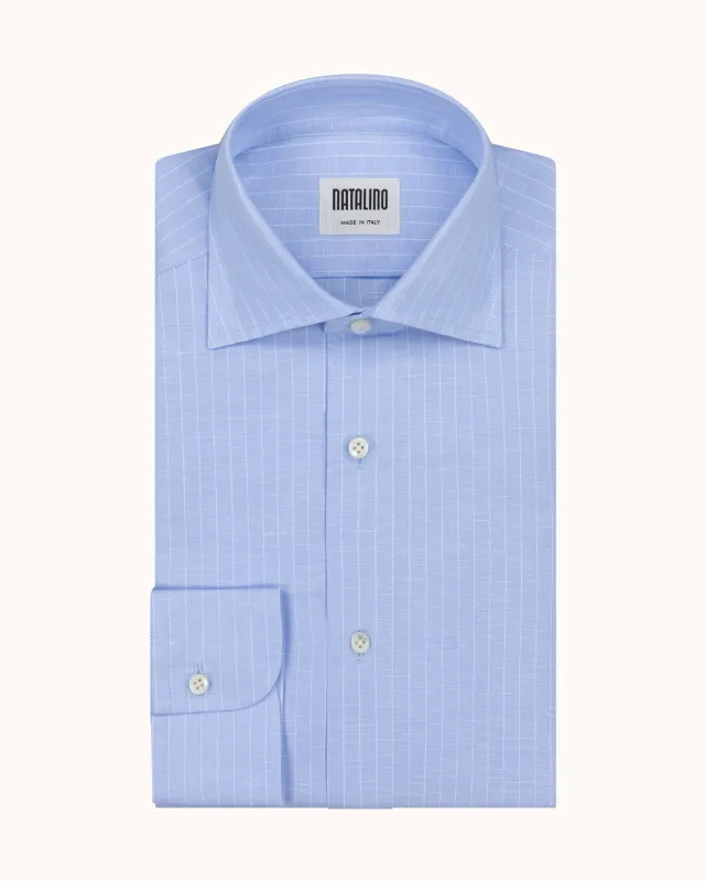 Spread Collar Shirt - Blue Pinstripe Cotton Linen made by Natalino