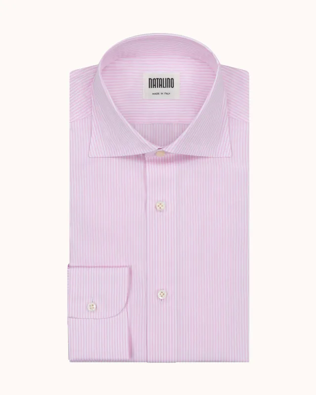Spread Collar Shirt - Pink Stripe Cotton Poplin made by Natalino