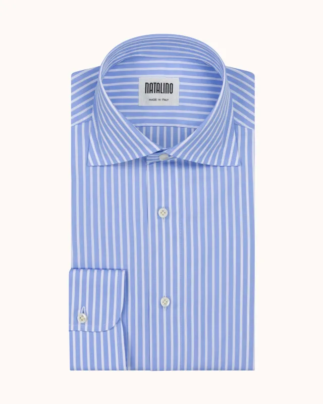 Spread Collar Shirt - Blue Bengal Stripe Cotton Poplin sold by Natalino
