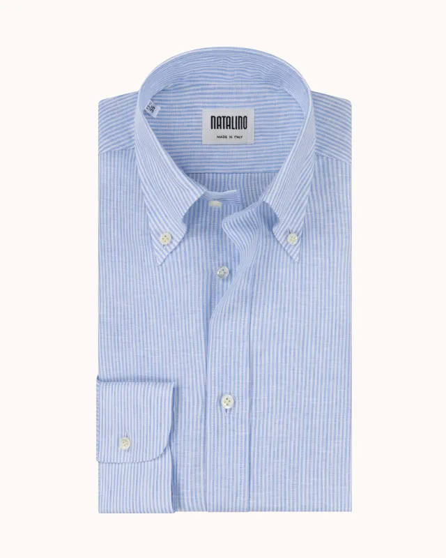 Button Down Collar Shirt - Blue Stripe Linen made by Natalino