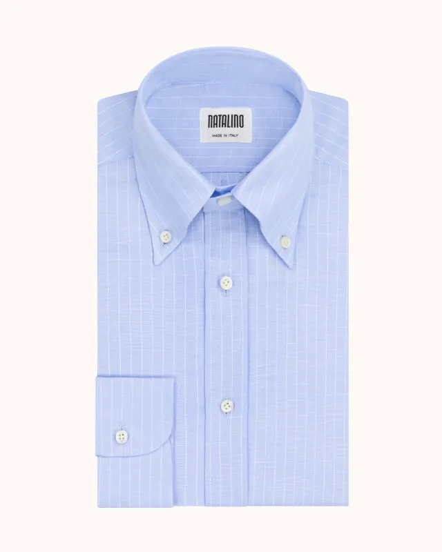 Button Down Collar Shirt - Blue Pinstripe Cotton Linen made by Natalino