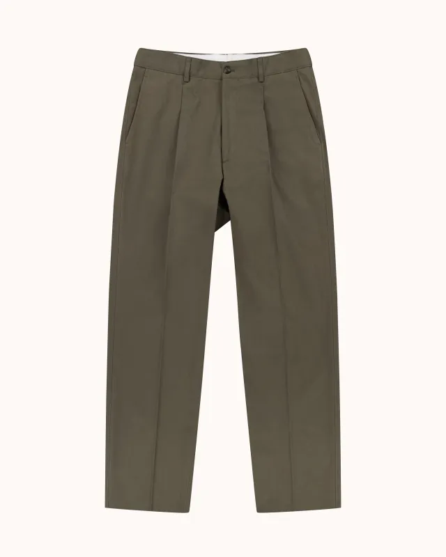 Casual Relaxed Pleated Trouser - Olive Brushed Cotton made by Natalino