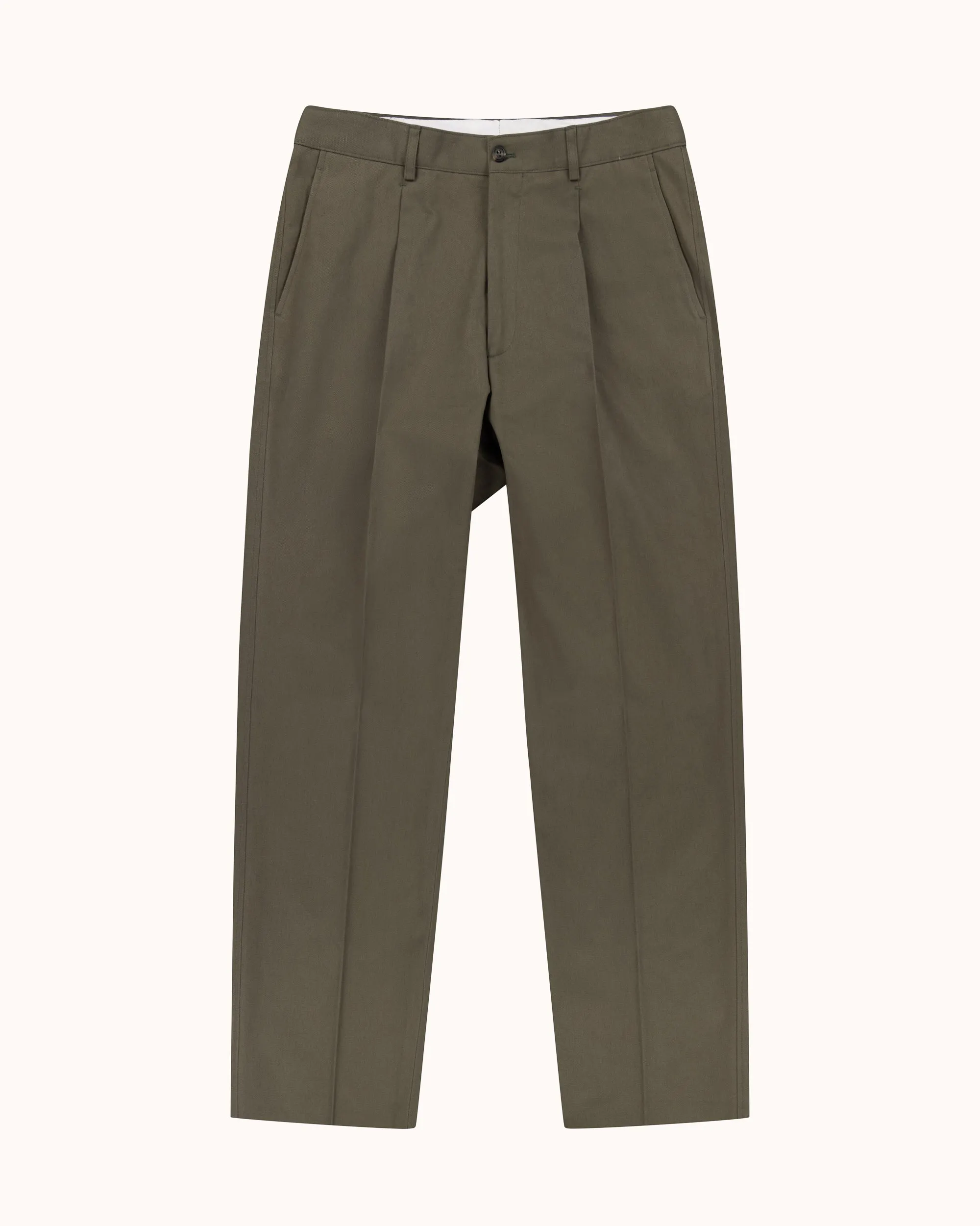 Casual Relaxed Pleated Trouser - Olive Brushed Cotton sold by Natalino