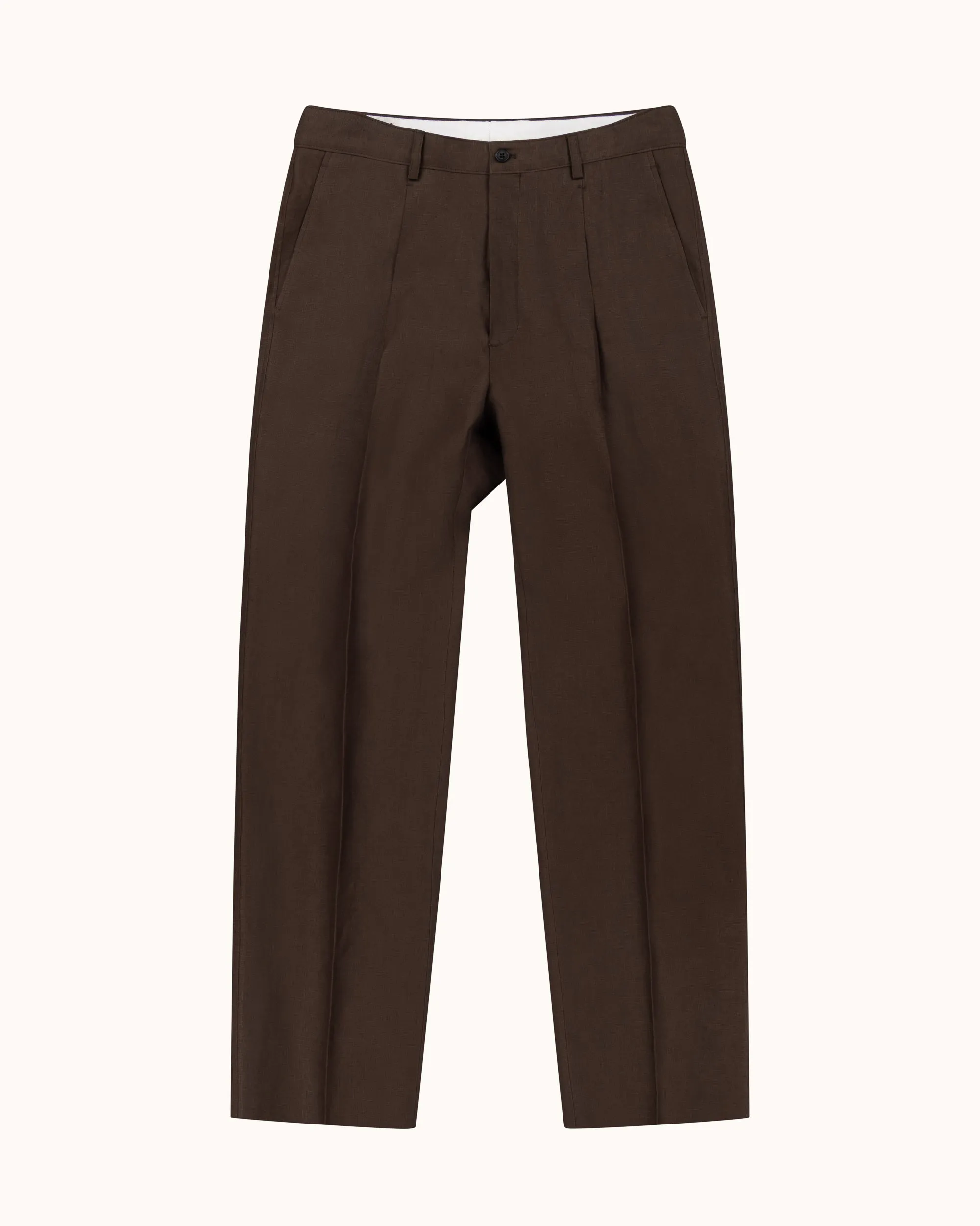 Casual Relaxed Pleated Trouser - Dark Brown Linen sold by Natalino
