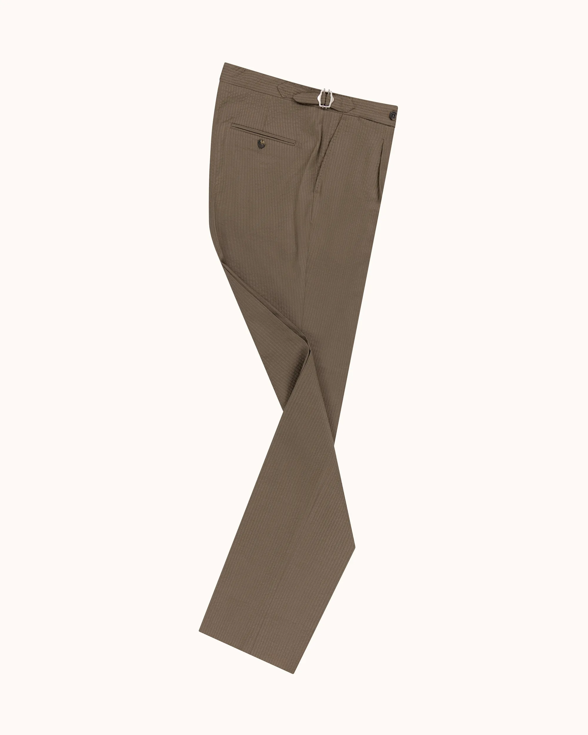 Classic Pleated Trouser - Mushroom Seersucker Wool sold by Natalino