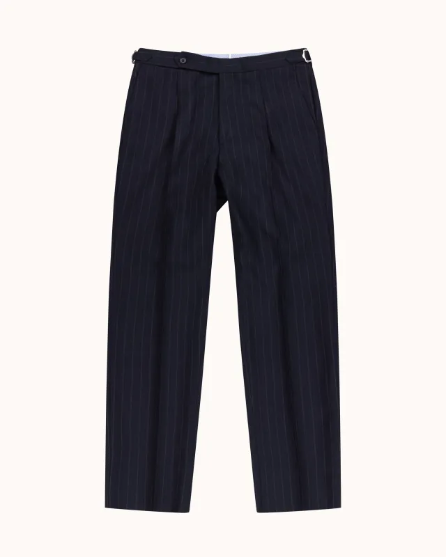 Relaxed Pleated Trouser - Navy Chalk Stripe Tropical Wool made by Natalino