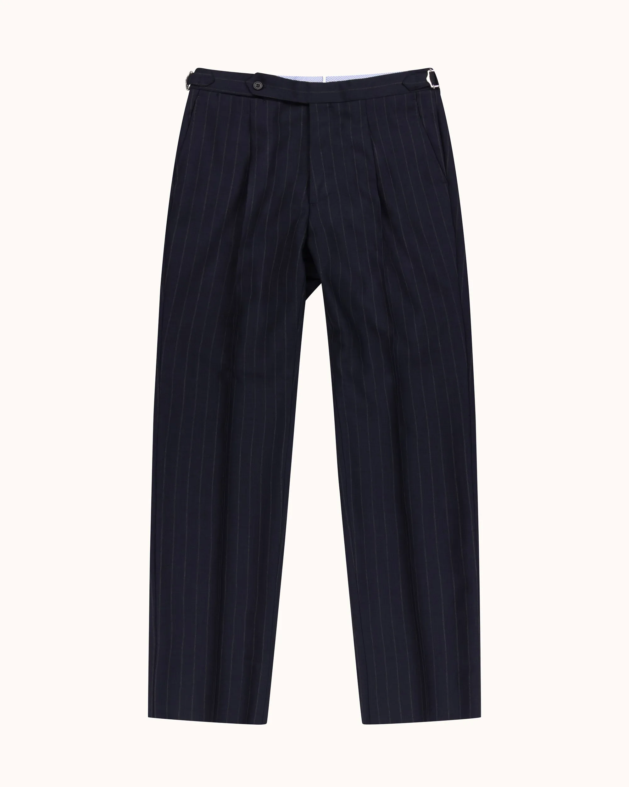 Relaxed Pleated Trouser - Navy Chalk Stripe Tropical Wool sold by Natalino