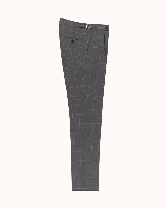 Relaxed Pleated Trouser - Grey Windowpane Cotton Wool made by Natalino